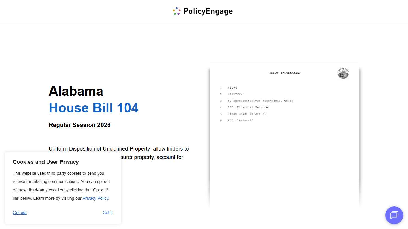 AL HB104 Alabama House Bill 104 Regular Session 2026 Uniform Disposition of Unclaimed Property; allow finders to contract and locate State Treasurer prop… PolicyEngage