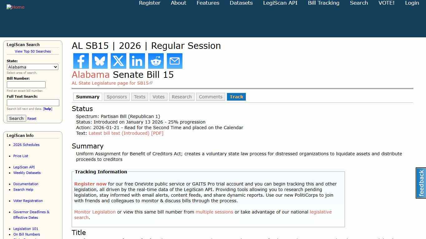 AL SB15 2026 Regular Session LegiScan